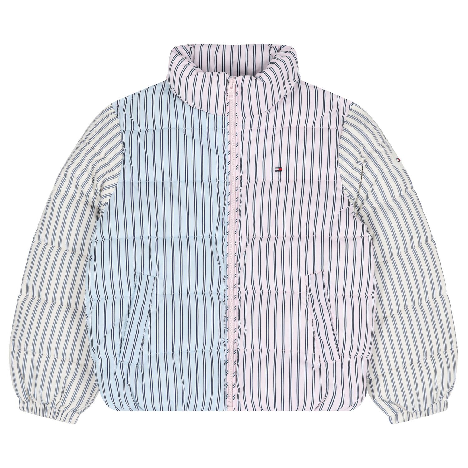 Girls Pink & Blue Stripe Puffer Jacket, 1, hi-res image number null