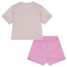 Girls Beige & Pink Logo Shorts Set, 1, hi-res
