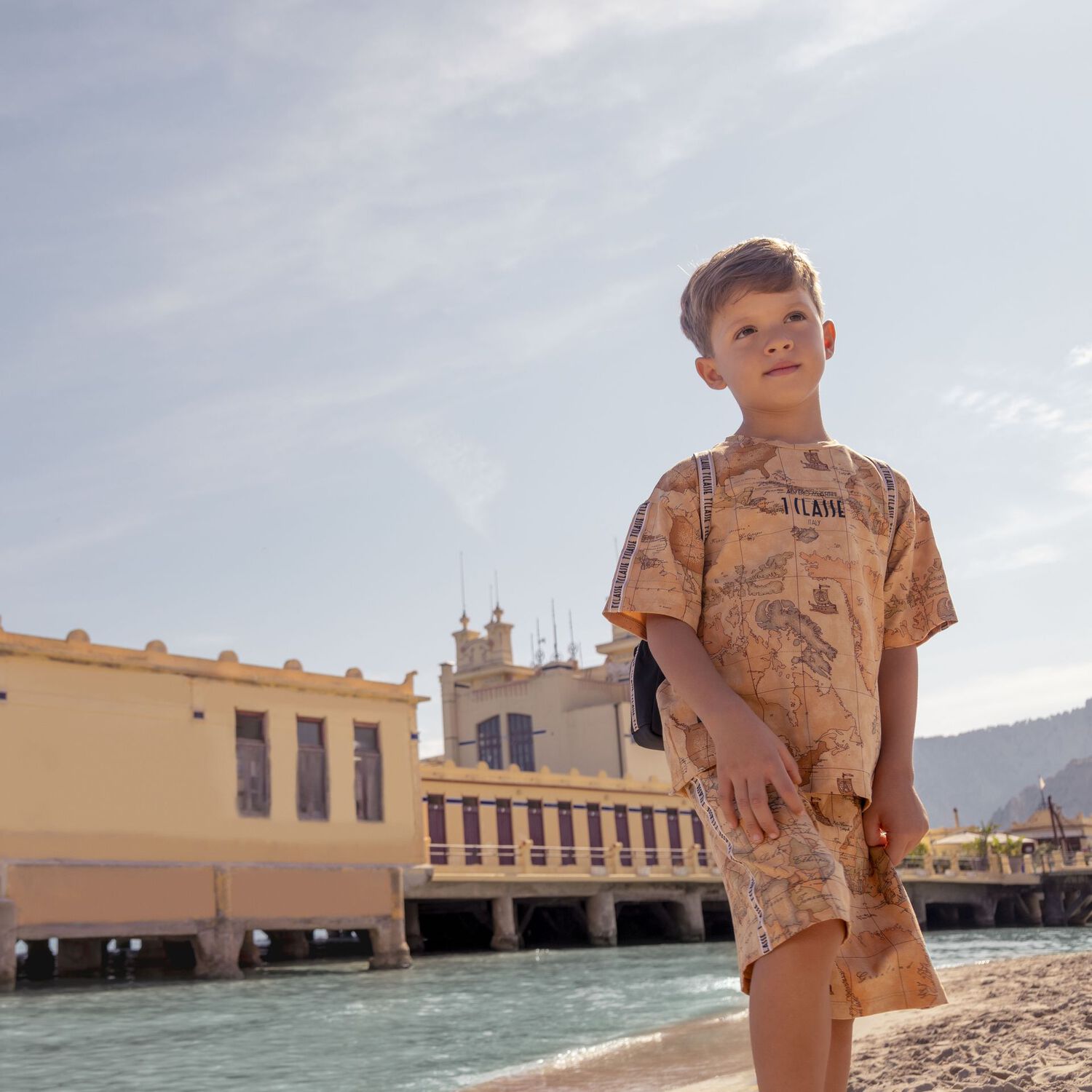 Boys Beige Geo Map Shorts, 1, hi-res image number null