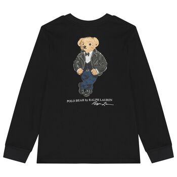 Boys Black Polo Bear Long Sleeve Top