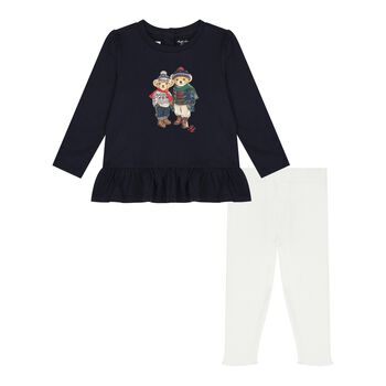 Baby Girls Navy Blue & Ivory Polo Bear Leggings Set