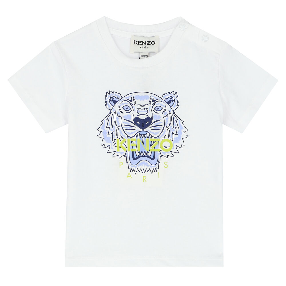 Tiger Print Cotton T Shirt in White - Kenzo Kids