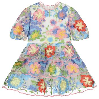Girls Pink & Blue Embroidered Floral Dress