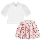 Girls White & Pink Floral Skirt Set, 1, hi-res