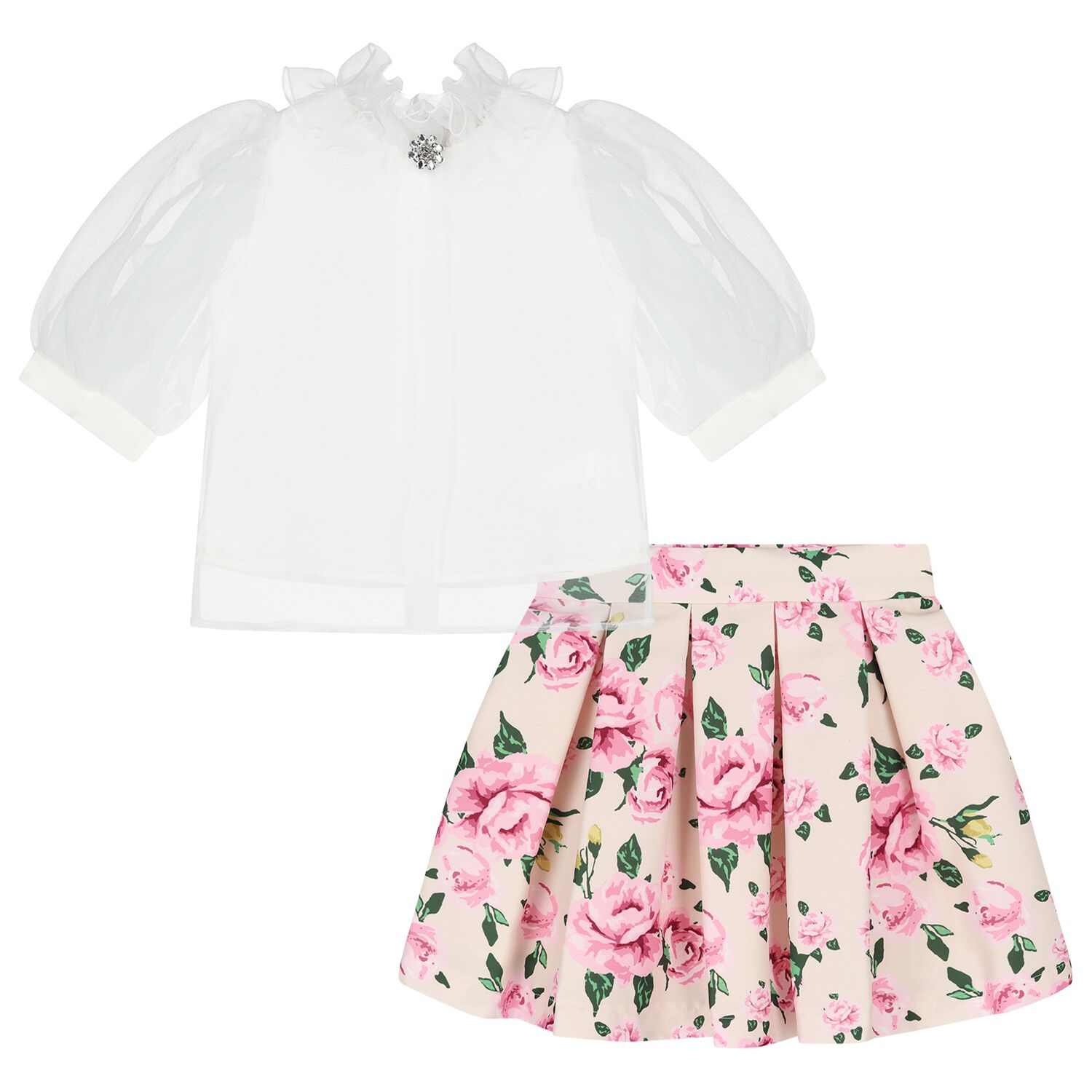 Girls White & Pink Floral Skirt Set, 1, hi-res