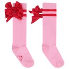 Girls Pink Satin Bow Knee High Socks, 1, hi-res