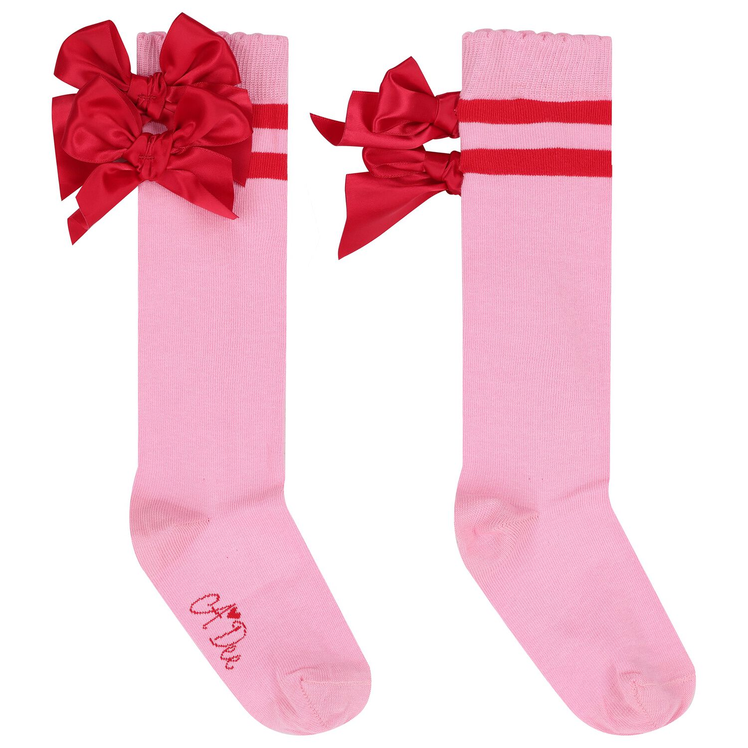 Girls Pink Satin Bow Knee High Socks, 1, hi-res