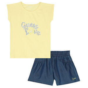 Girls Yellow Sequins Logo Shorts Set