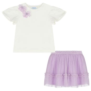 Girls White & Lilac Floral Tulle Skirt Set