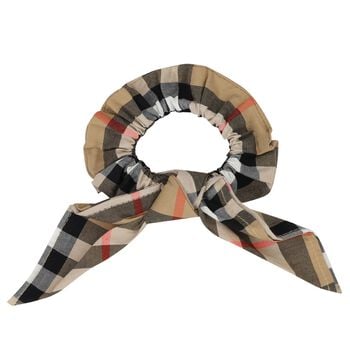 Girls Beige Check Bow Scrunchie