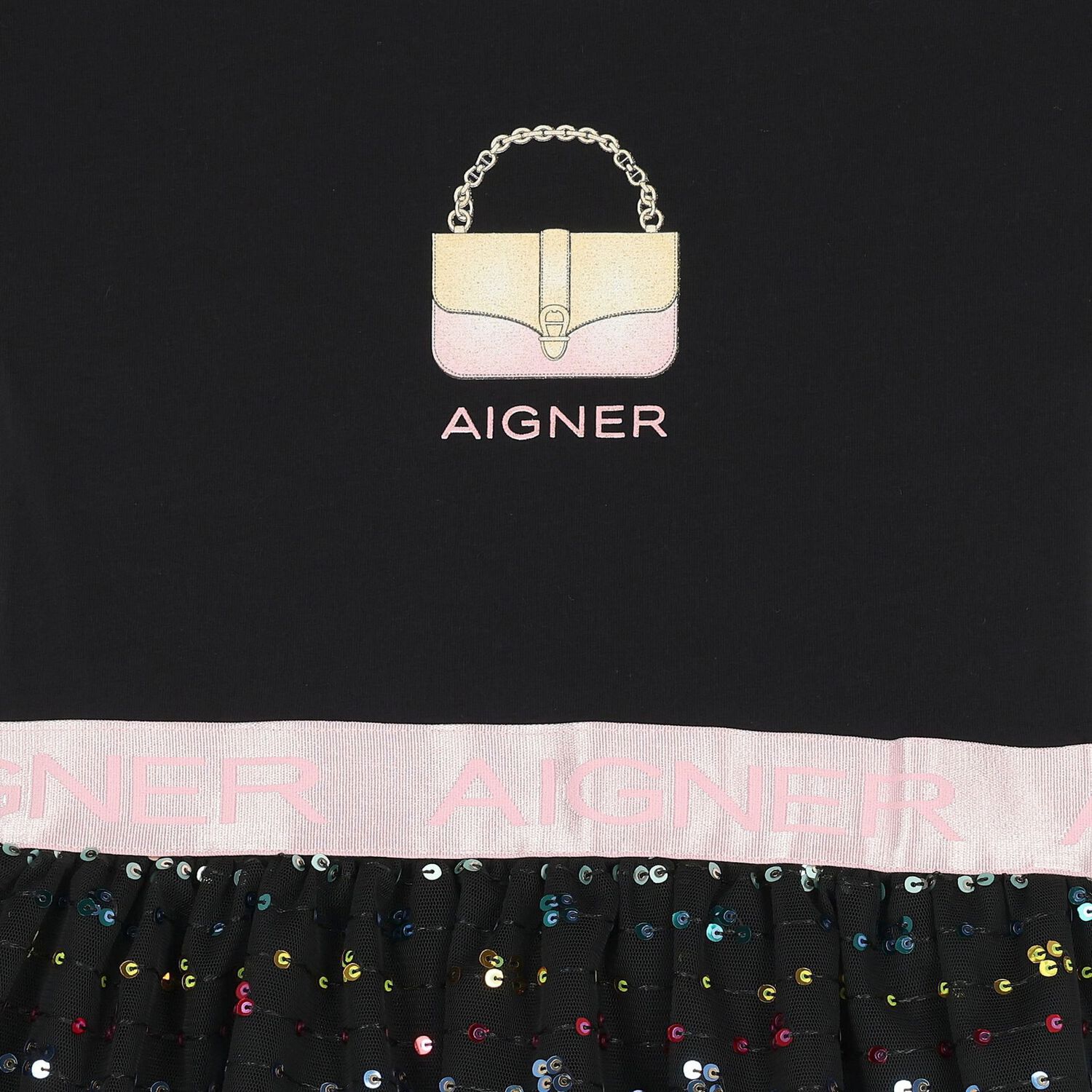 فستان بنات بالشعار مزين بالترتر باللون الأسود, 2, hi-res image number null