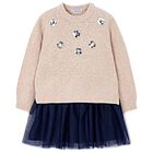 Girls Beige & Navy Blue Tulle Dress Set, 2, hi-res