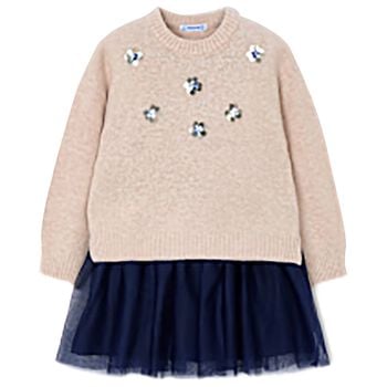 طقم فستان تول للبنات باللون البيج والأزرق الداكن