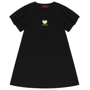 فستان بنات بالشعار وطبعة قلب باللون الأسود
