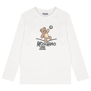 White Teddy Bear Logo Long Sleeve Top