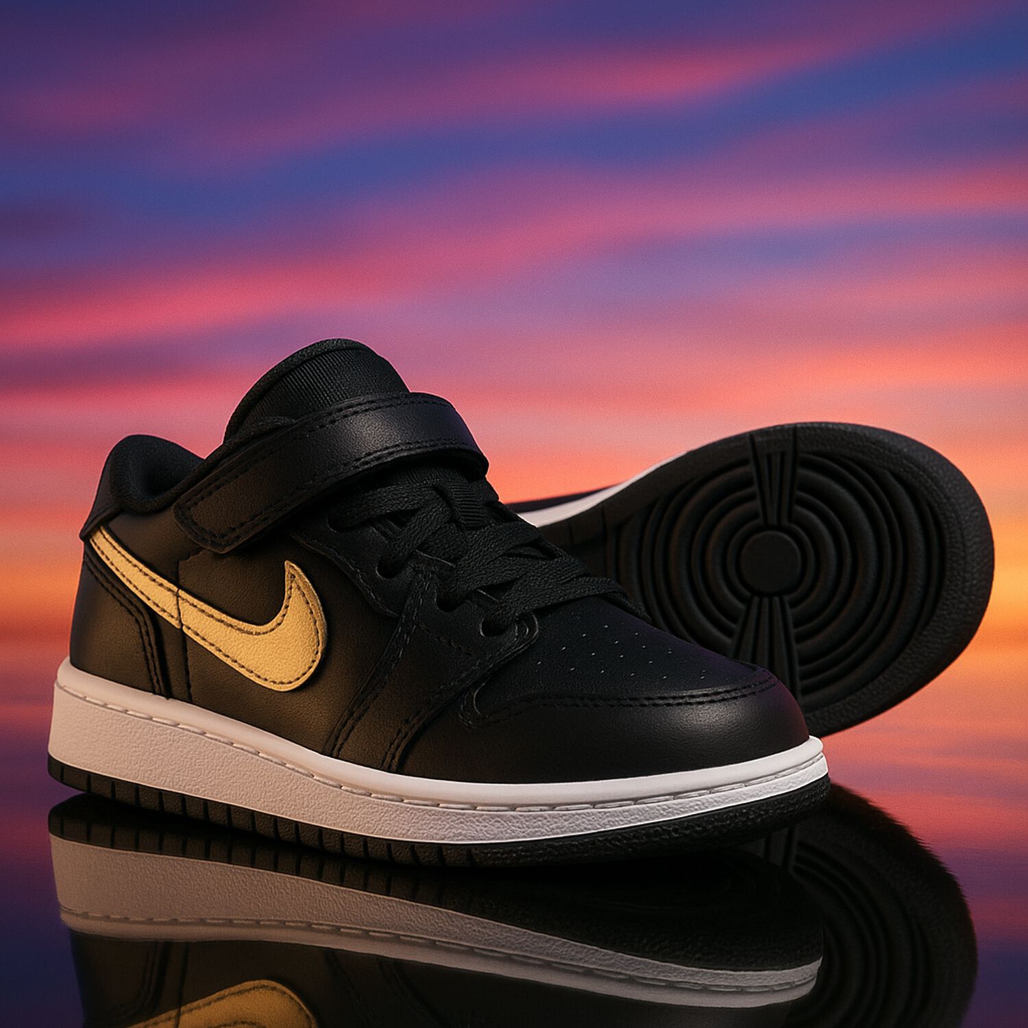 Nike Kids Black & Gold Air Jordan 1 Low Flyease Trainers | Junior 