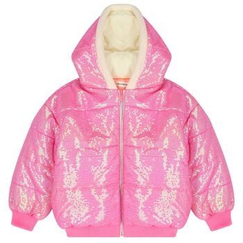 Girls Pink Hooded Sequin Puffer Jacket