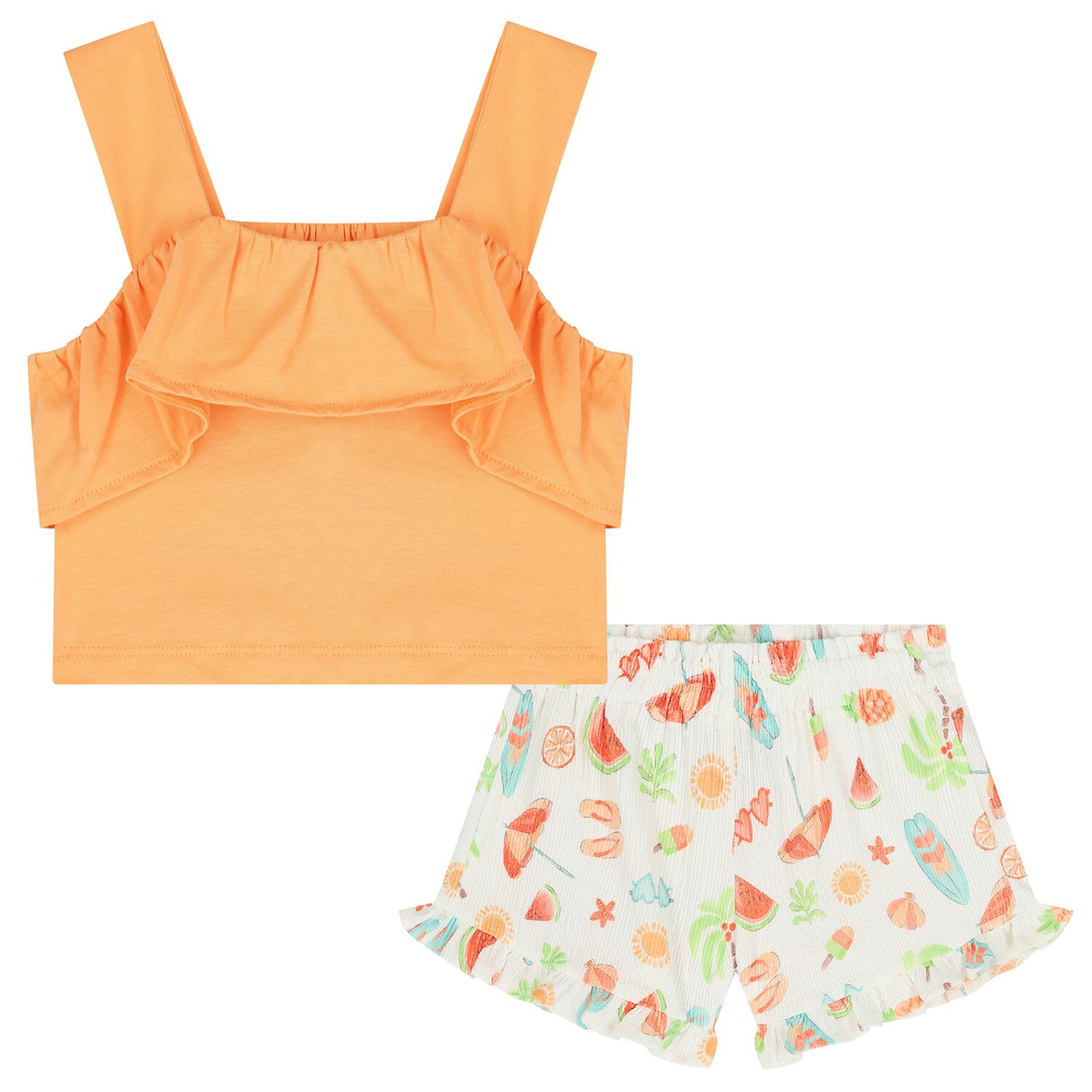 Girls Orange & Ivory Fruit Shorts Set, 1, hi-res