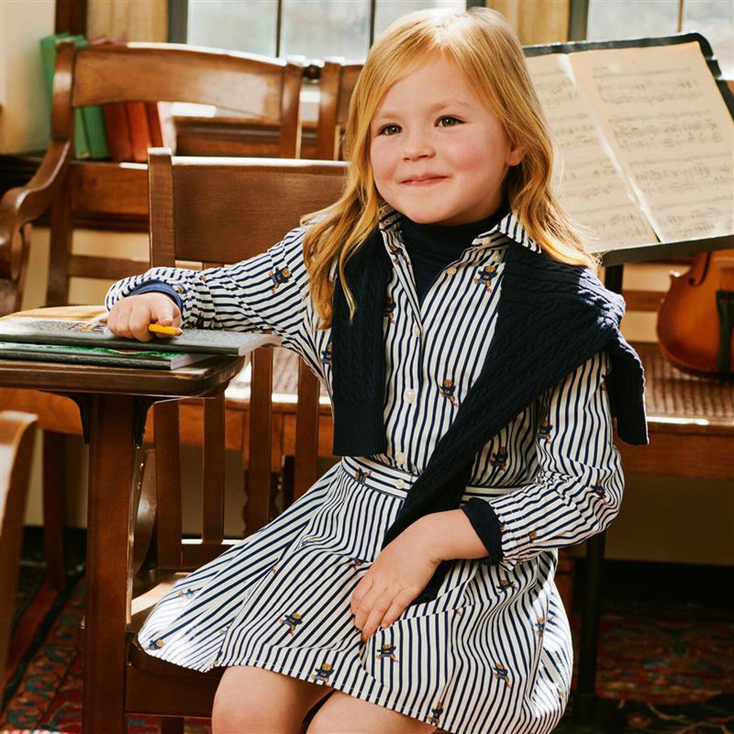 Girls White & Blue Polo Bear Striped Dress, 1, hi-res