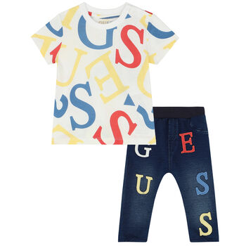 Baby Girls White & Blue Logo Trousers Set 