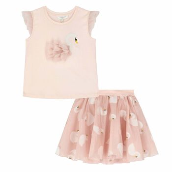 Girls Pink Swan Skirt Set