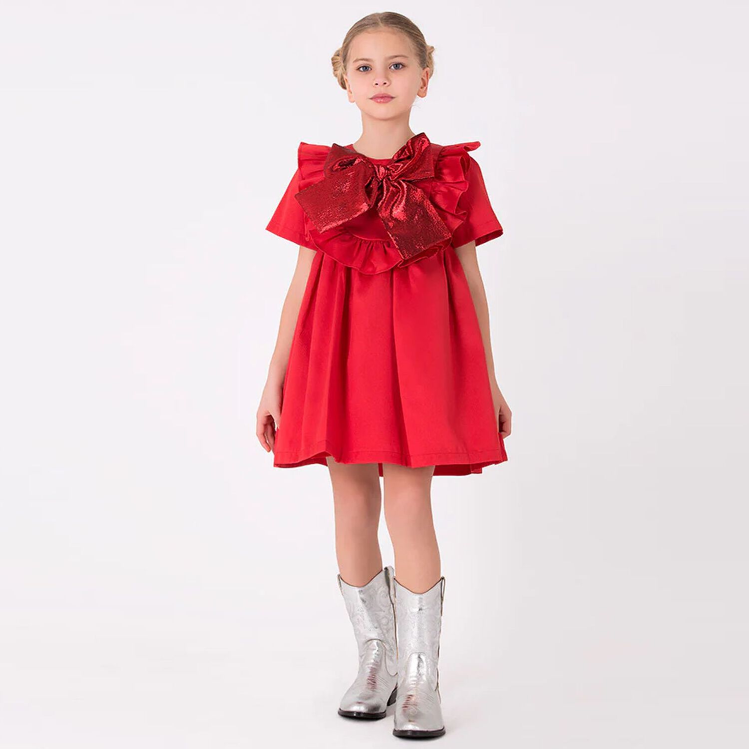 Girls Red Bow Satin Dress, 3, hi-res