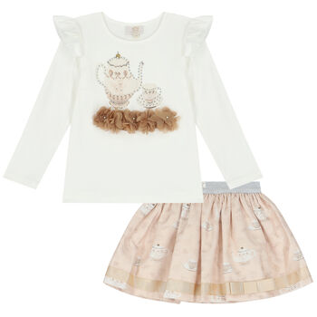 Girls Ivory & Beige Embellished Skirt Set