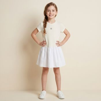Girls Ivory & White Logo Dress 