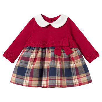 Baby Girls Red, Navy Blue & Beige Tartan Dress