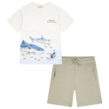 Boys White & Green Shark Shorts Set
