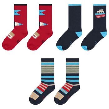 Boys Navy Blue & Red Socks ( 3-Pack )