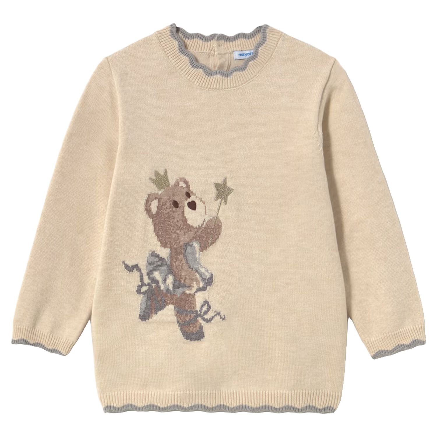 Younger Girls Beige Teddy Bear Knitted Dress, 1, hi-res