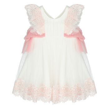 Younger Girls White & Pink Tulle Lace Dress
