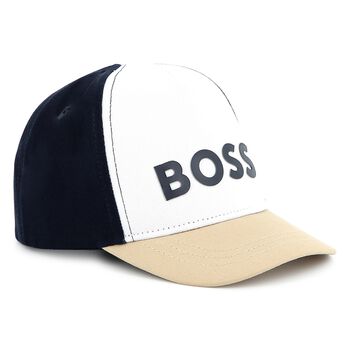 Baby Boys White, Navy Blue & Beige Logo Cap