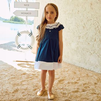 Girls Navy Blue Ruffled Collar Pleated Dress