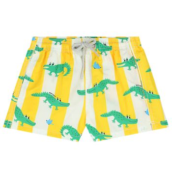 Boys Yellow & White Striped Crocodile Swim Shorts
