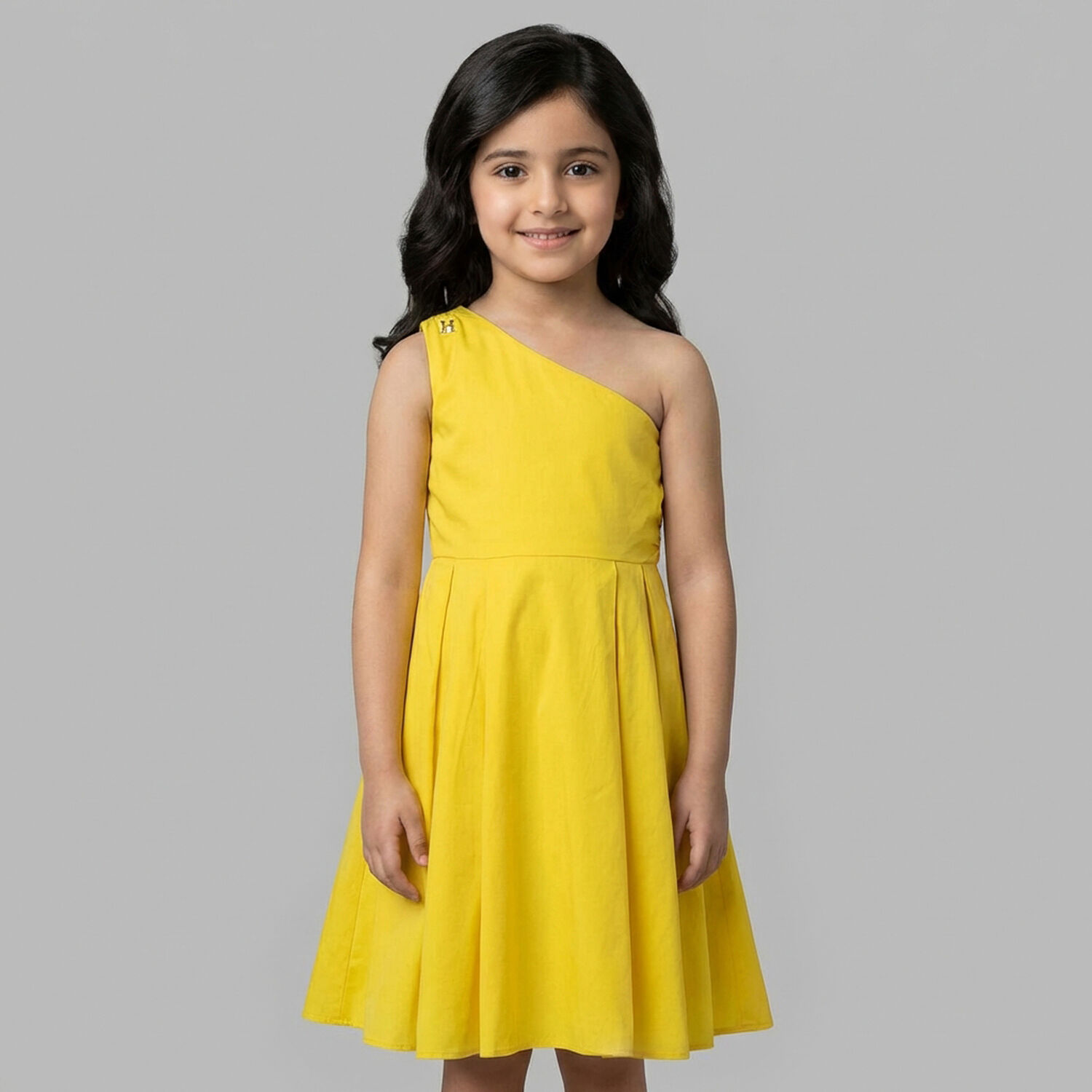 Girls Yellow One Shoulder Dress, 1, hi-res