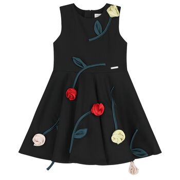 Girls Black Rose Satin Dress