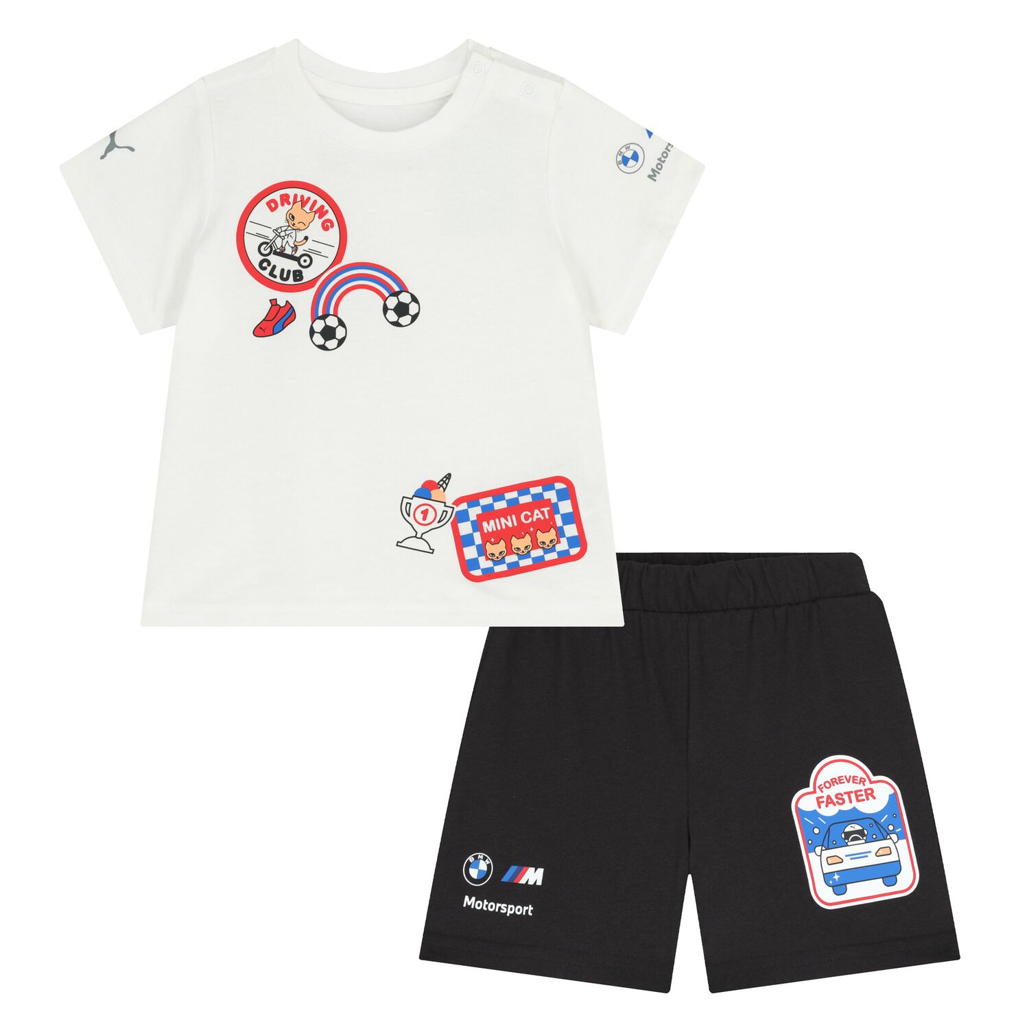 Younger Boys White & Black Logo Short Set, 1, hi-res