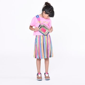 Girls Pink & Gold Logo Pleated Skirt