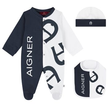 Boys Navy Blue & White Logo Babygrow, Hat & Bib Gift Set