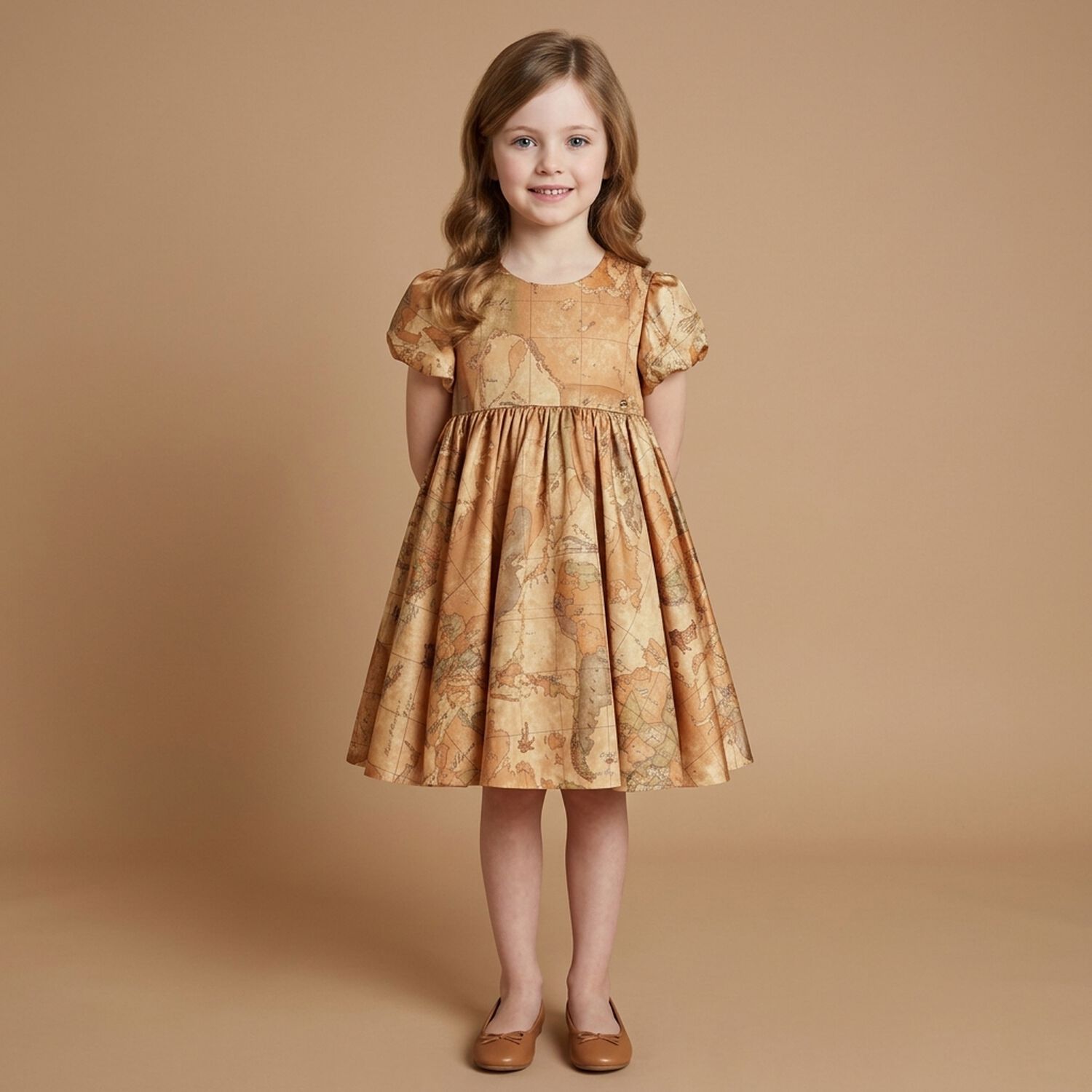 Girls Beige Logo Geo Map Dress , 1, hi-res