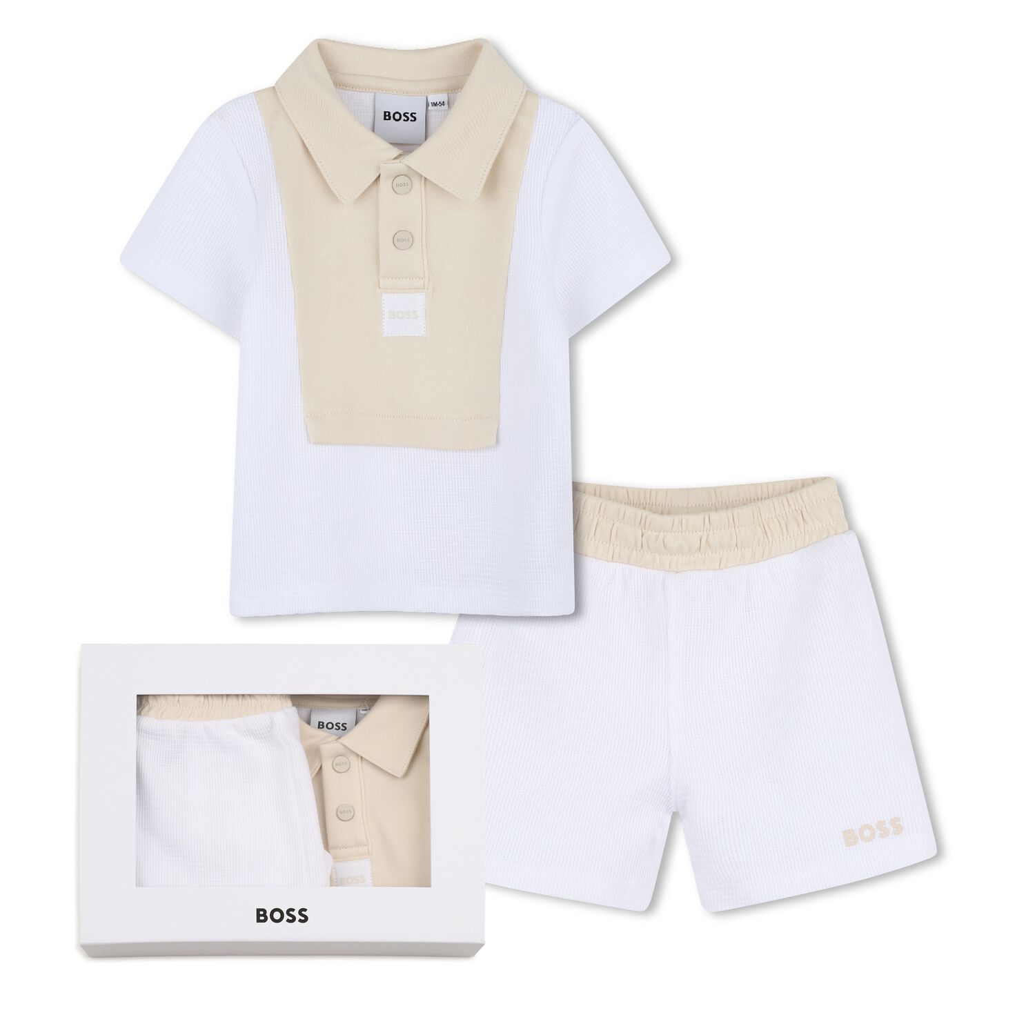 Baby Boys White & Beige Knitted Shorts Set, 1, hi-res
