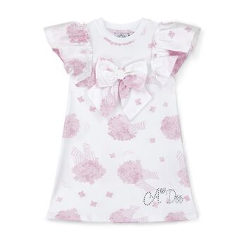 Girls White & Pink Bow Floral Print Dress