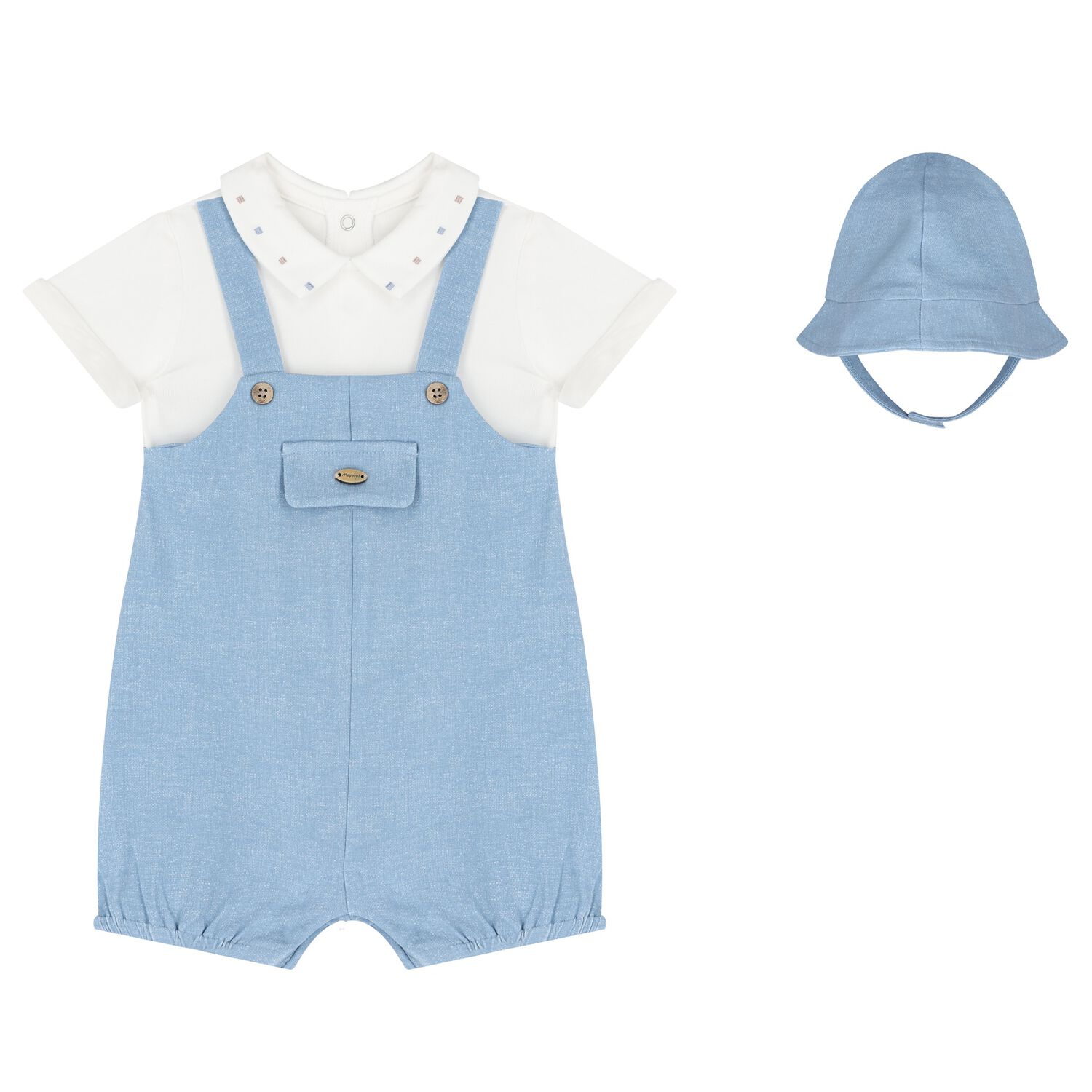 Baby Boys Blue & Ivory Dungaree & Hat Set, 1, hi-res