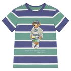 Boys Blue & Green Striped Bear Print T-Shirt, 1, hi-res
