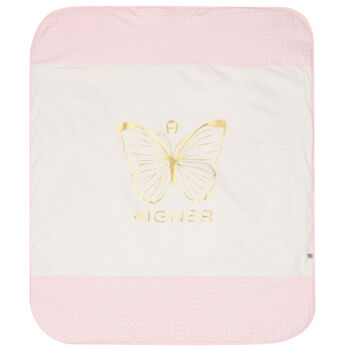 Baby Girls Ivory & Pink Pima Cotton Logo Blanket