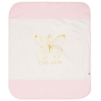 Baby Girls Ivory & Pink Pima Cotton Logo Blanket