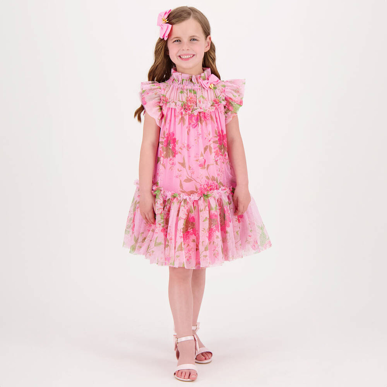 Girls Pink Floral Tulle Dress, 2, hi-res image number null