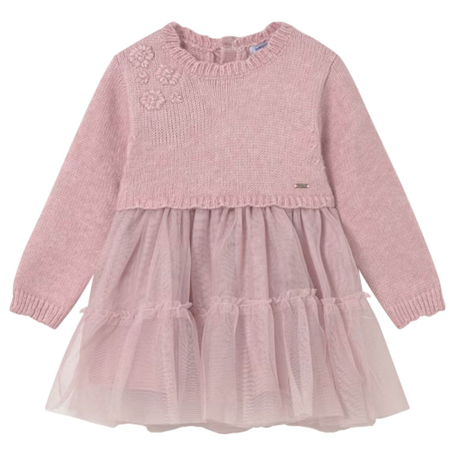 Younger Girls Pink Knitted & Tulle Dress, 1, hi-res